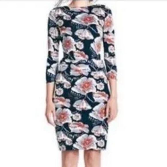 Tory Burch floral sheila silk dress 3/4sleeve midi navy blue coral Hawaiian MED - Picture 4 of 14